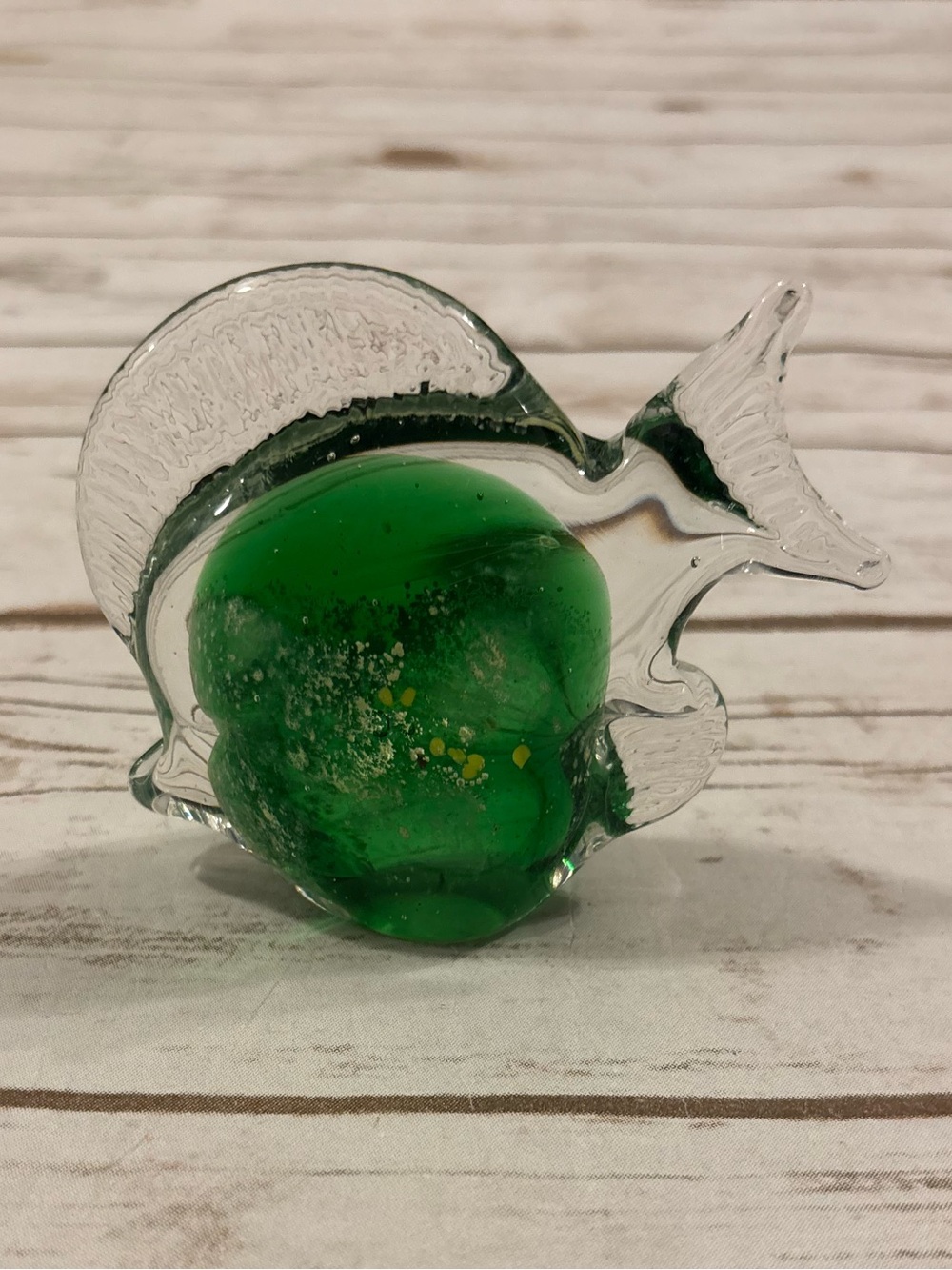 Art Glass Murano Angel Fish Figurine Clear Body Encasing A Vibrant Green